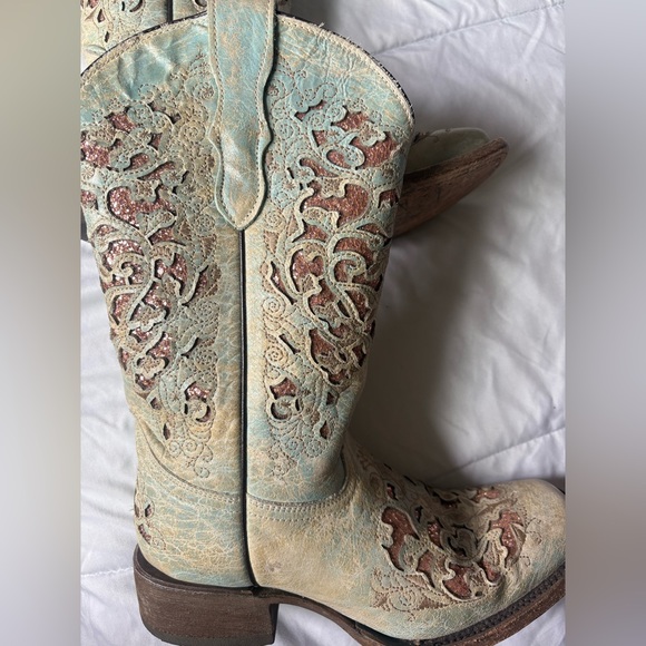 Corral Kids Boots with Turquoise and Brown Embroidery - Picture 3 of 6